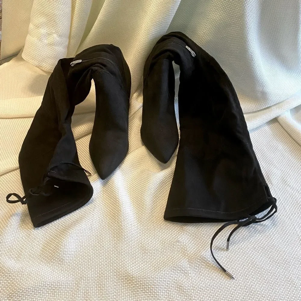 NWOT Marc fisher black faux suede block heel over the knee fabric boots size 12